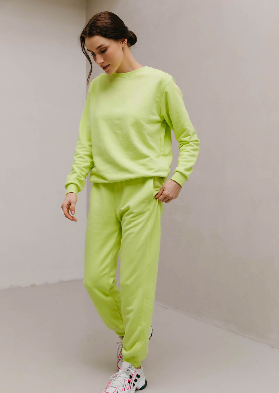 Lime color women basic three-thread trousers
